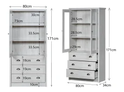 Aparador alto 80x34x171 cm – Símil madera con puertas de cristal, 3 cajones y tiradores de cobre, Gris