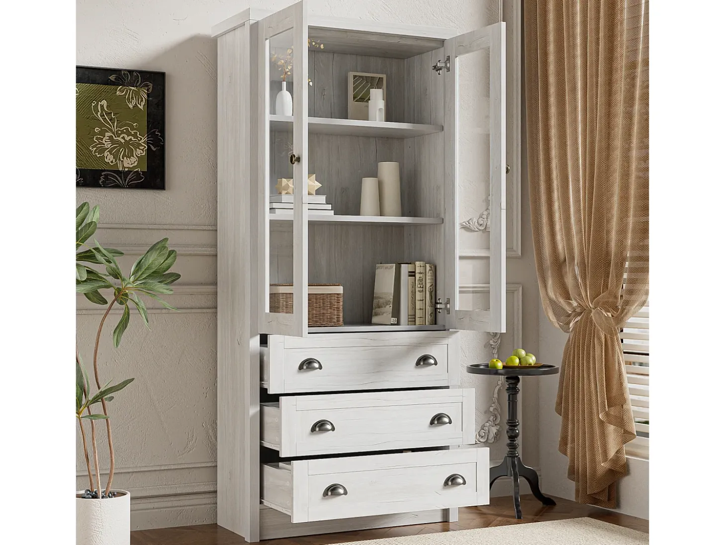 Aparador alto 80x34x171 cm – Símil madera con puertas de cristal, 3 cajones y tiradores de cobre, Gris
