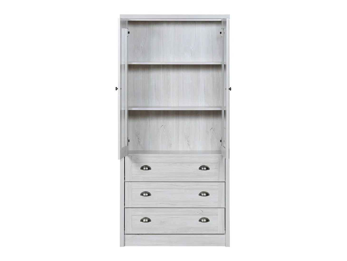 Aparador alto 80x34x171 cm – Símil madera con puertas de cristal, 3 cajones y tiradores de cobre, Gris