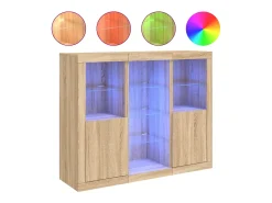 Aparador Aparador Cómoda Gabinete Organizador de Almacenamiento Cocina Sala de Estar con Luces LED 3 Piezas Sonoma Madera de Ingeniería Marrón 02_0037214