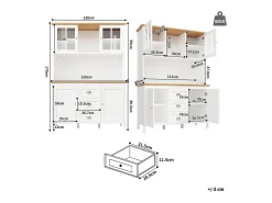 Aparador, armario alto con iluminación LED, 120x40x179 cm, 4 puertas y 3 cajones, blanco