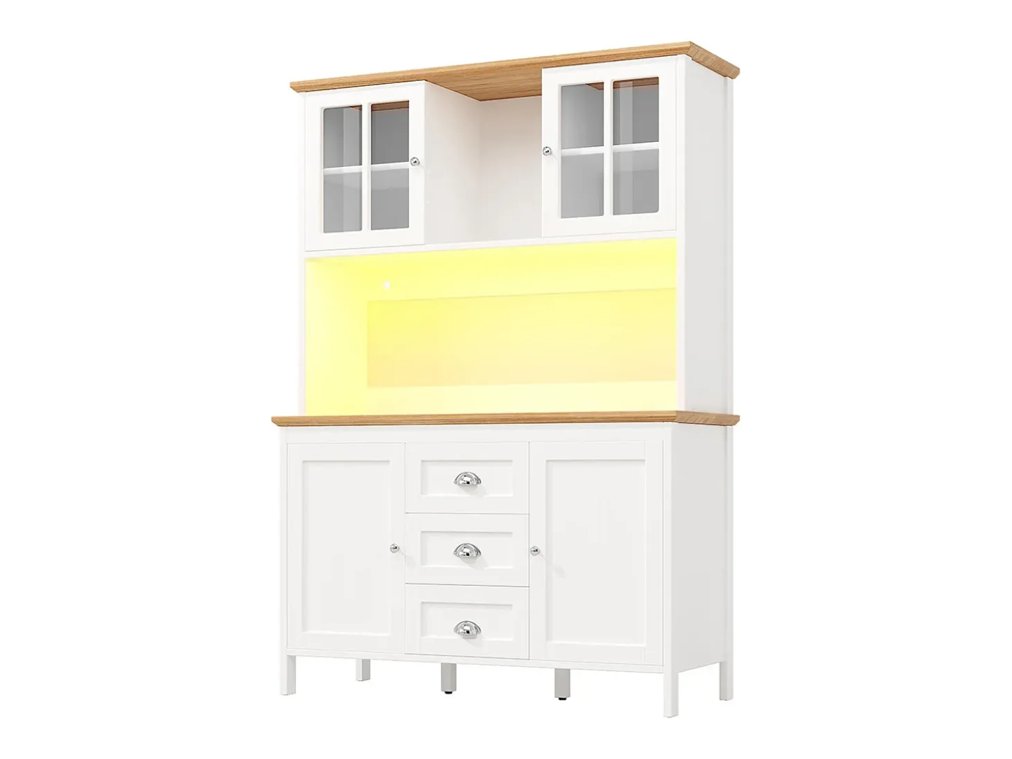 Aparador, armario alto con iluminación LED, 120x40x179 cm, 4 puertas y 3 cajones, blanco