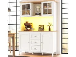 Aparador, armario alto con iluminación LED, 120x40x179 cm, 4 puertas y 3 cajones, blanco