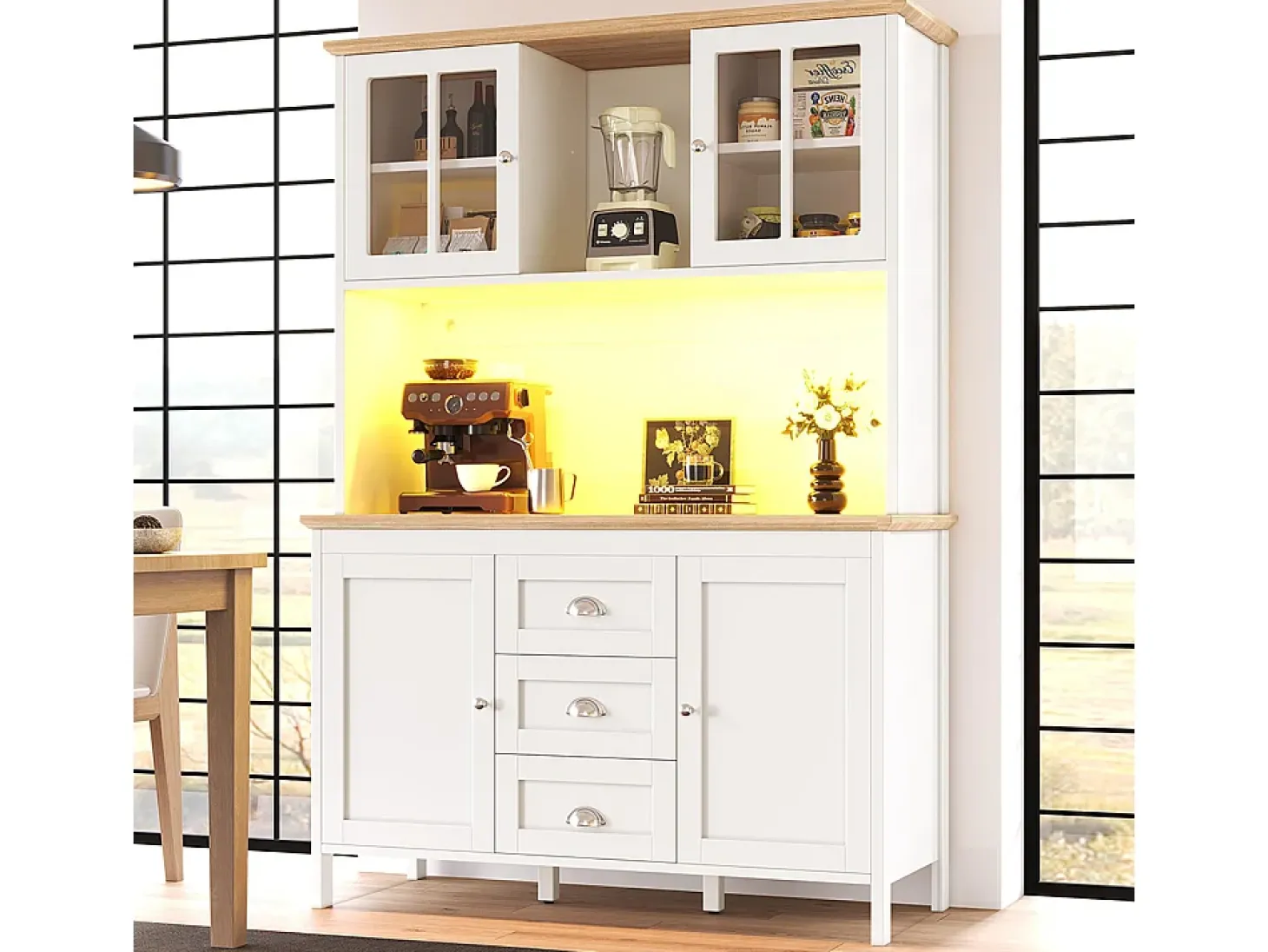 Aparador, armario alto con iluminación LED, 120x40x179 cm, 4 puertas y 3 cajones, blanco