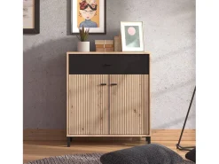 Aparador Auxiliar 80 cm – Color Roble Artisan y Negro, con Efecto Alistonado, 80x40x90 cm, Melamina Resistente, Tiradores y Patas en PVC, Formato KIT