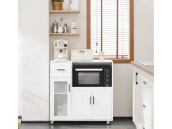 Aparador Auxiliar de Almacenamiento para Microondas con 4 Ruedas Mueble Auxiliar de Comedor con 3 Puertas y 1 Cajón 88,5 x 40 x 89 cm Blanco FSB78-W SoBuyES
