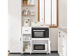 Aparador Auxiliar de Almacenamiento para Microondas con 4 Ruedas Mueble Auxiliar de Comedor con 3 Puertas y 1 Cajón 88,5 x 40 x 89 cm Blanco FSB78-W SoBuyES
