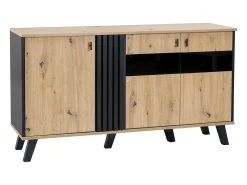 Aparador bajo - Decoración artesanal de roble y negro - 3 puertas de cristal y tableros de partículas - An 140 x Al 78 x Pr 41 cm