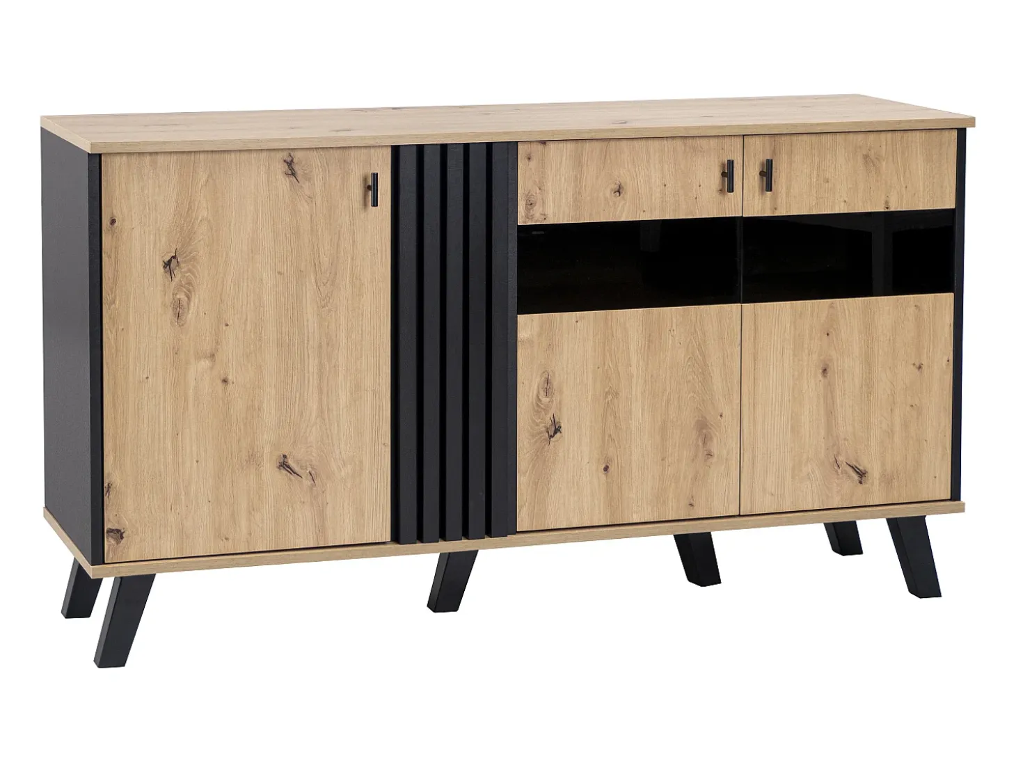 Aparador bajo - Decoración artesanal de roble y negro - 3 puertas de cristal y tableros de partículas - An 140 x Al 78 x Pr 41 cm