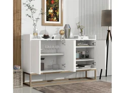 Aparador bajo 4 puertas - Patas de madera MDF y metal - Estilo moderno - Color blanco - 120 x 30 x 80 cm