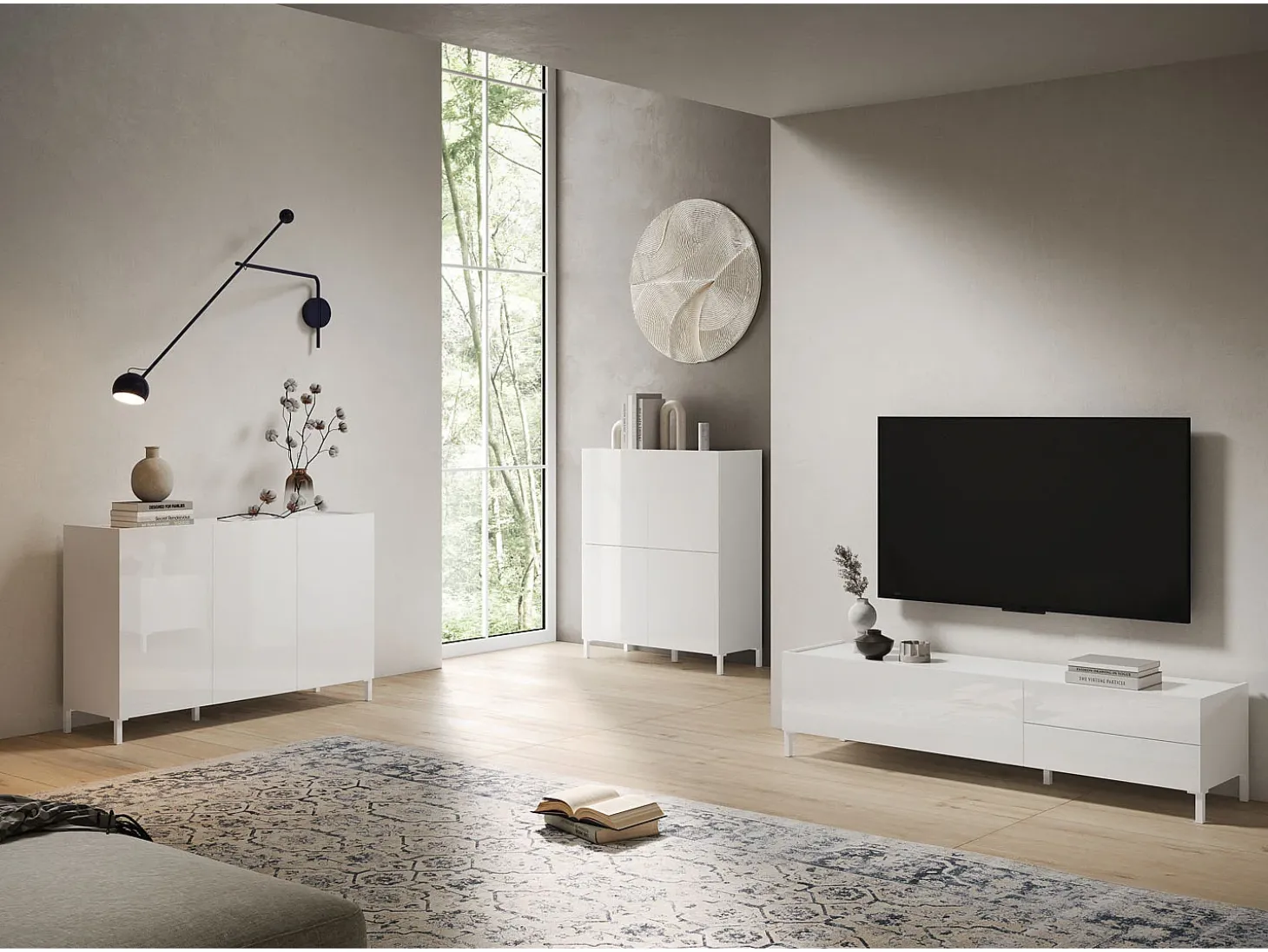 Aparador bajo 3 puertas 130x40x84 cm Solaria blanco brillante