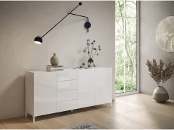 Aparador bajo 3 puertas y 4 cajones 174x40x84 cm Solaria blanco brillante