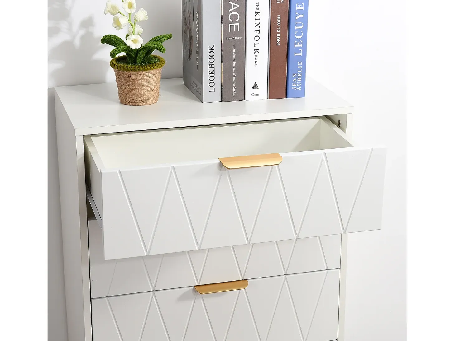 Aparador bajo con 6 cajones - Cómoda - Madera MDF y metal dorado - 60 x 34 x 90 cm - Blanco