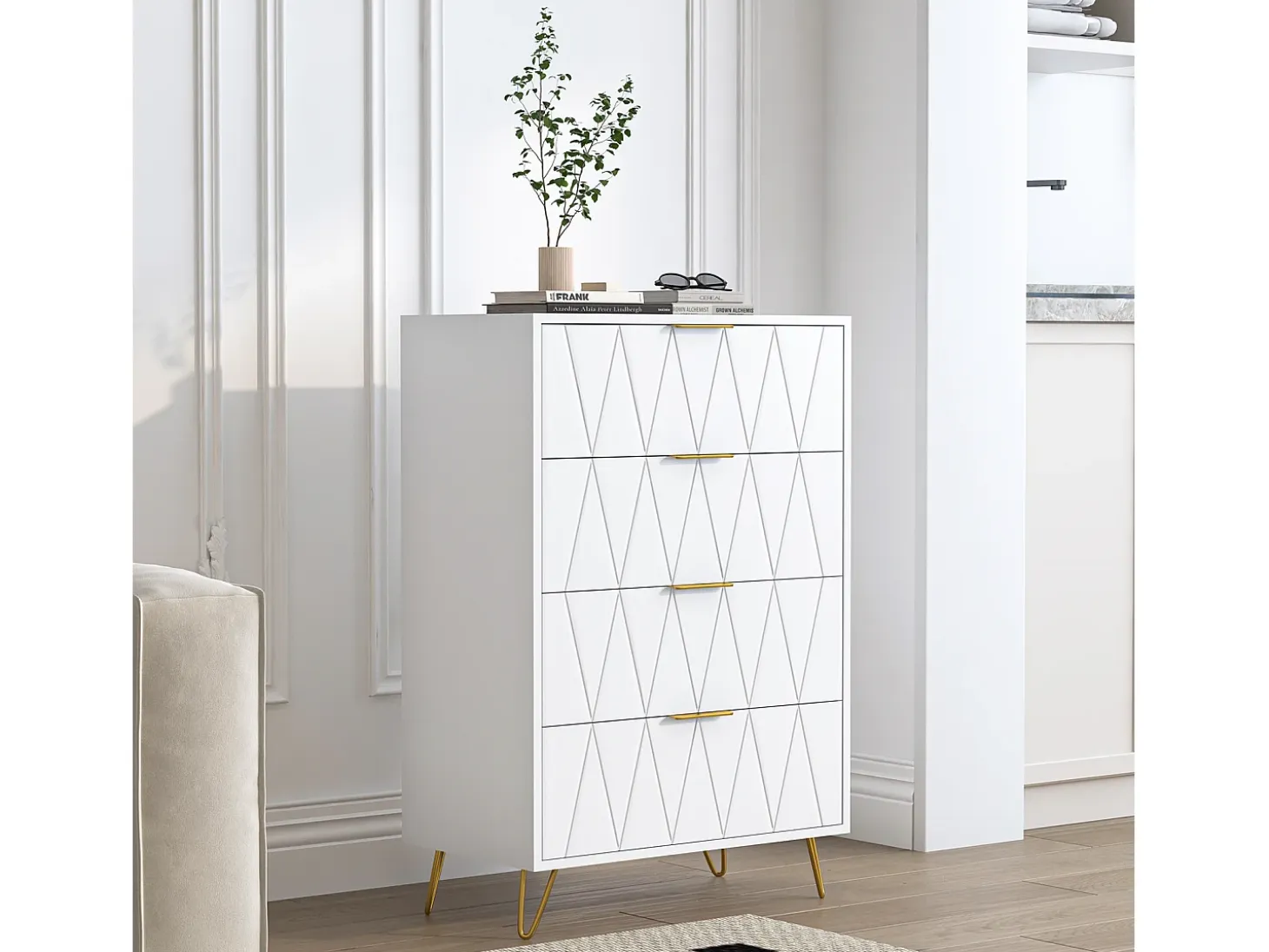 Aparador bajo con 6 cajones – Cómoda en madera MDF y metal dorado – 60x34x90 cm – Color blanco