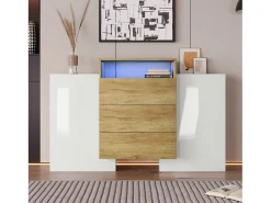 Aparador bajo con 2 puertas y 3 cajones, LEDs, Tablero de partículas, Alto brillo, Blanco, 140 L x 30 W x 77,5 H cm
