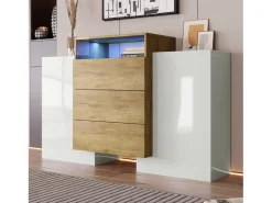 Aparador bajo con 2 puertas y 3 cajones, LEDs, Tablero de partículas, Alto brillo, Blanco, 140 L x 30 W x 77,5 H cm