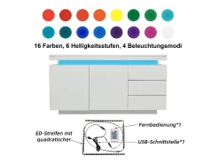 Aparador bajo con 2 puertas y 3 cajones - aparador alto brillo con luz LED - tablero de partículas - blanco