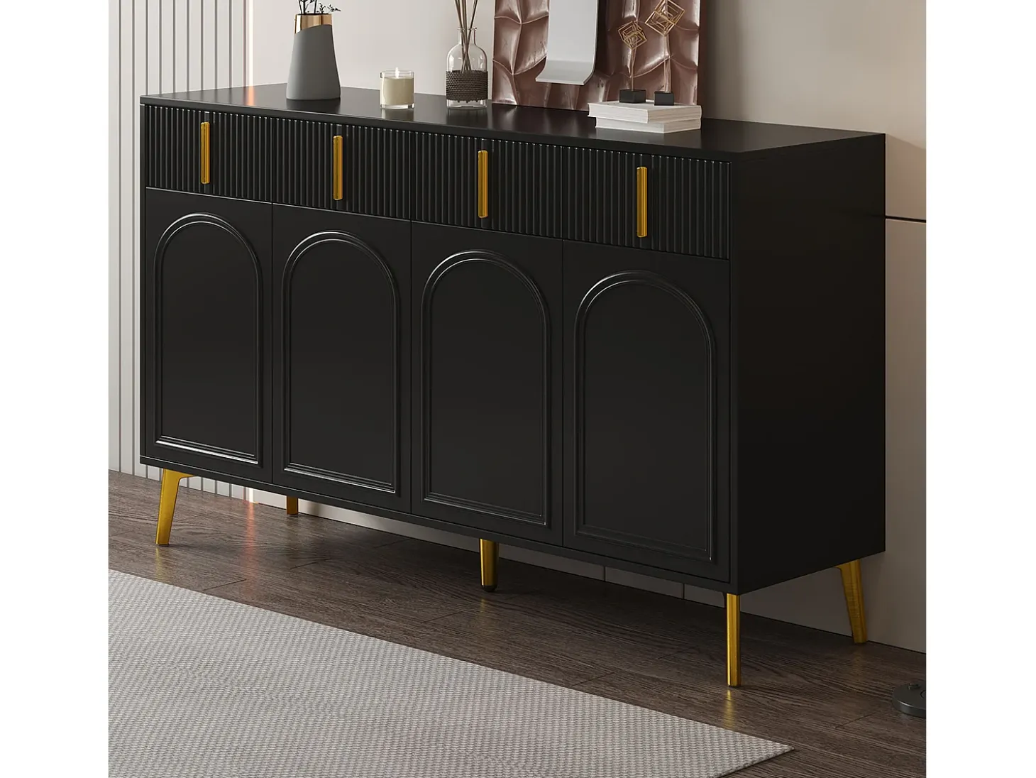 Aparador bajo con 4 puertas y 4 cajones - 140 x 37,8 x 82 cm - Tiradores y pies dorados - MDF - Negro