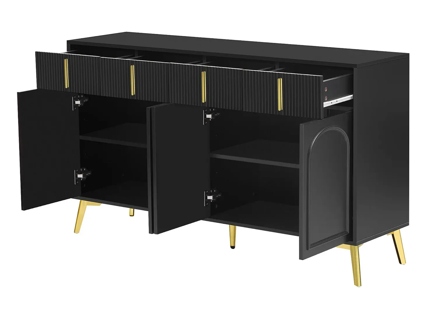 Aparador bajo con 4 puertas y 4 cajones - 140 x 37,8 x 82 cm - Tiradores y pies dorados - MDF - Negro