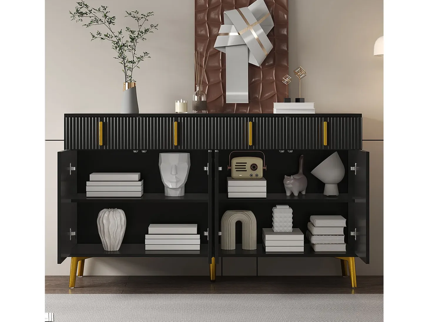 Aparador bajo con 4 puertas y 4 cajones - 140 x 37,8 x 82 cm - Tiradores y pies dorados - MDF - Negro