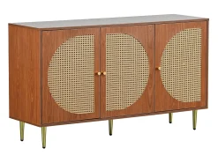 Aparador bajo con 3 puertas decorado en ratán, tablero de partículas, estilo vintage, nogal, 129,8x 40x 76cm