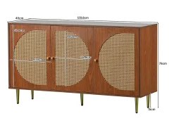 Aparador bajo con 3 puertas decorado en ratán, tablero de partículas, estilo vintage, nogal, 129,8x 40x 76cm