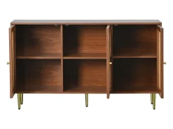 Aparador bajo con 3 puertas decorado en ratán, tablero de partículas, estilo vintage, nogal, 129,8x 40x 76cm