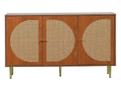 Aparador bajo con 3 puertas decorado en ratán, tablero de partículas, estilo vintage, nogal, 129,8x 40x 76cm
