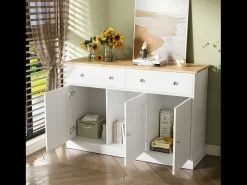 Aparador bajo con 3 puertas y 2 cajones - 120 x 36 x 80,5 cm - Tablero de partículas - Blanco + natural