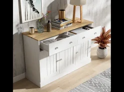 Aparador bajo con 3 puertas y 2 cajones - 120 x 36 x 80,5 cm - Tablero de partículas - Blanco + natural