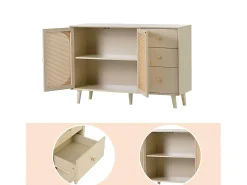 Aparador bajo con 2 puertas y 3 cajones - puertas de ratán - Crema