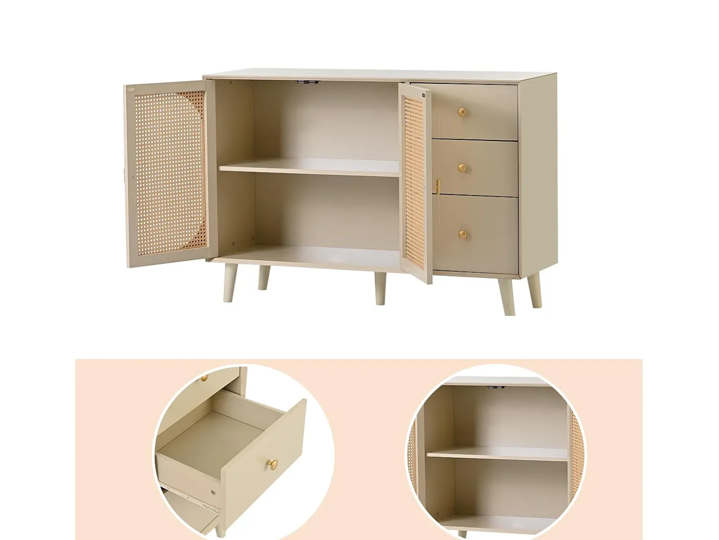 Aparador bajo con 2 puertas y 3 cajones - puertas de ratán - Crema