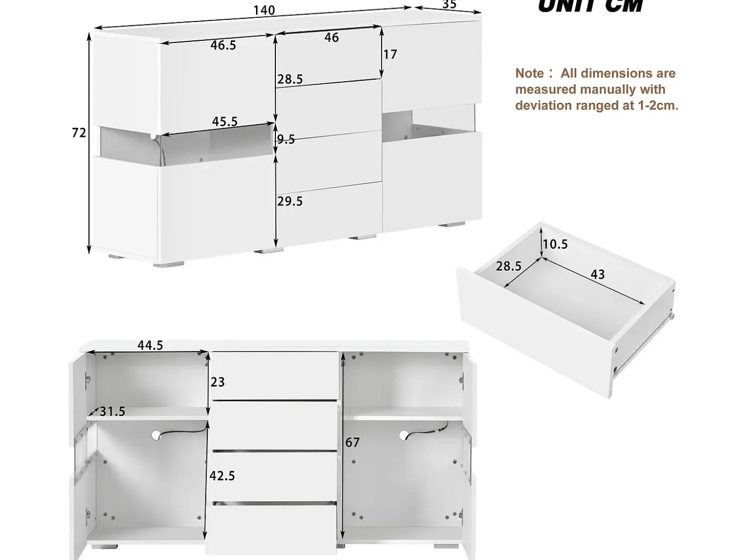 Aparador bajo con LED - 2 puertas y 4 cajones - blanco