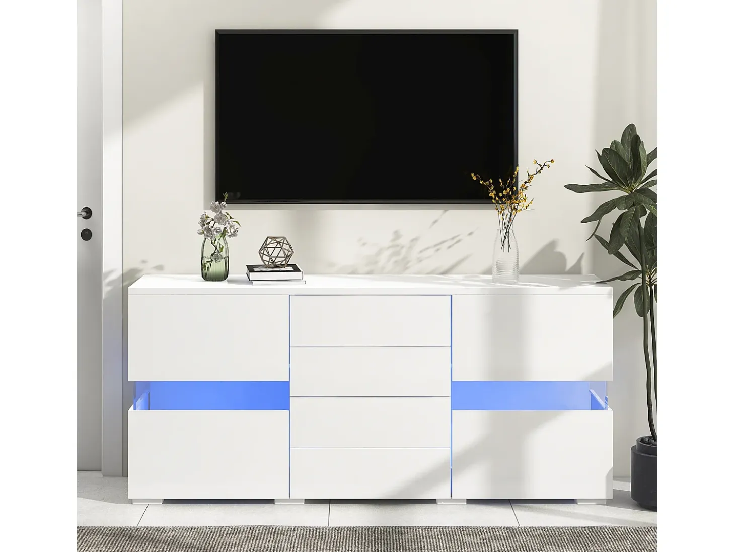 Aparador bajo con LED - 2 puertas y 4 cajones - blanco