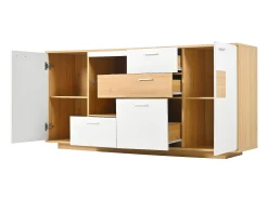 Aparador bajo con LED - 2 puertas y 4 cajones - estilo contemporáneo - Blanco y Natural