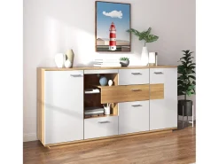 Aparador bajo con LED - 2 puertas y 4 cajones - estilo contemporáneo - Blanco y Natural