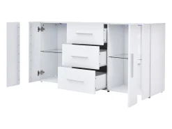Aparador bajo con LED - 2 puertas y 3 cajones - estantes regulables - Blanco