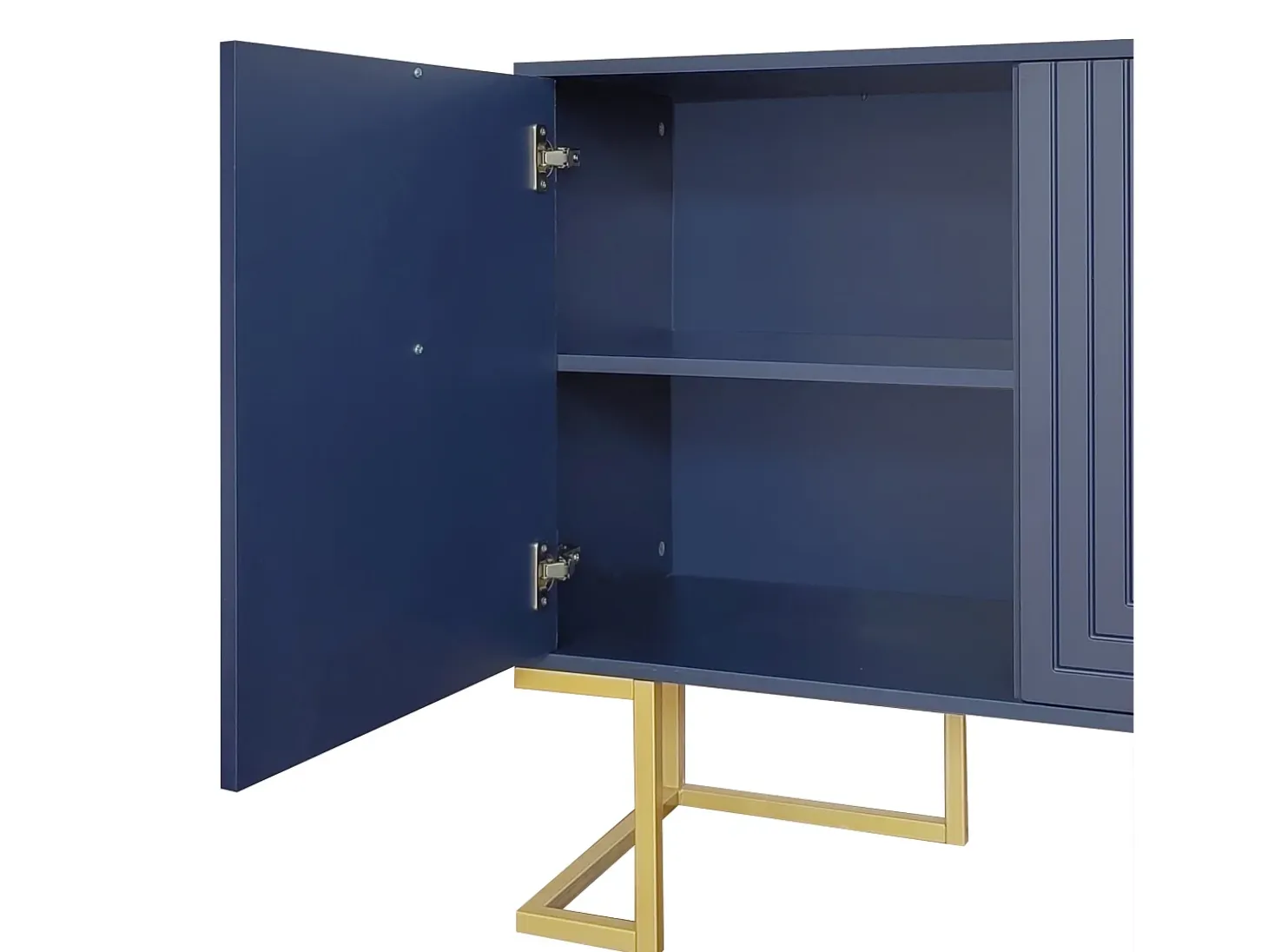 Aparador bajo de 3 puertas con estantes regulables - 138x40x80,5cm - Madera MDF y metal dorado - Azul