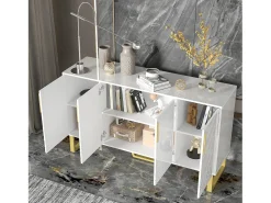 Aparador bajo de alto brillo - 140 x 40 x 80 cm - con 4 puertas - tiradores y patas de metal - MDF - blanco