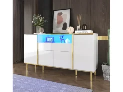 Aparador bajo de alto brillo - 150 x 40 x 80 cm - con 1 cajón + 4 puertas - Tablero de partículas + MDF - blanco