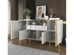 Aparador bajo de alto brillo - 150 x 40 x 80 cm - con 1 cajón + 4 puertas - Tablero de partículas + MDF - blanco