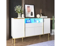 Aparador bajo de alto brillo - 150 x 40 x 80 cm - con 1 cajón + 4 puertas - Tablero de partículas + MDF - blanco