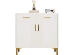 Aparador bajo moderno - 80 x 35 x 79,5 cm - con 2 puertas + 2 cajones - patas metálicas - MDF - blanco