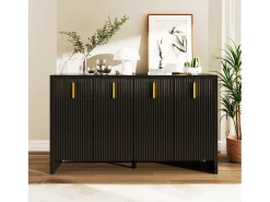 Aparador bajo moderno con 4 puertas - Tiradores dorados - Diseño de rayas verticales - Tablero de partículas - Negro