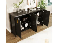 Aparador bajo moderno con 4 puertas - Tiradores dorados - Diseño de rayas verticales - Tablero de partículas - Negro