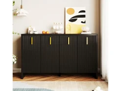 Aparador bajo moderno con 4 puertas - Tiradores dorados - Diseño de rayas verticales - Tablero de partículas - Negro