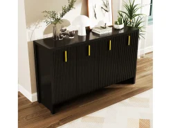 Aparador bajo moderno con 4 puertas - Tiradores dorados - Diseño de rayas verticales - Tablero de partículas - Negro
