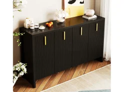 Aparador bajo moderno con 4 puertas - Tiradores dorados - Diseño de rayas verticales - Tablero de partículas - Negro