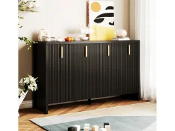 Aparador bajo moderno con 4 puertas - Tiradores dorados - Diseño de rayas verticales - Tablero de partículas - Negro
