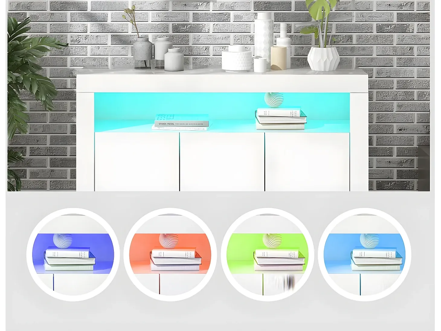 Aparador bajo Moserne - Mueble auxiliar blanco brillo con iluminación LED y mando a distancia - Blanco